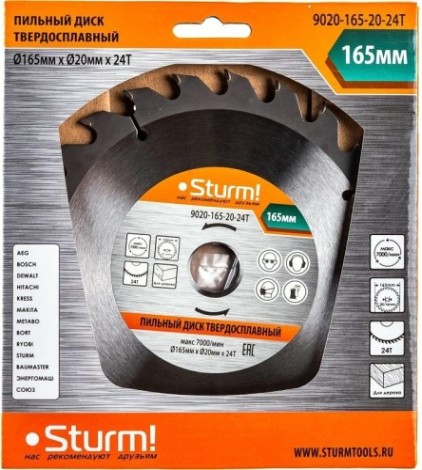 Пильный диск по дереву Sturm 9020-165-20-24T 165x20/16x24 зуба Пильный диск по дереву Sturm 9020-165-20-24T 165x20/16x24 зуба