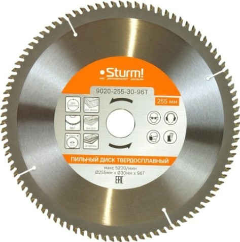 Пильный диск по дереву Sturm 9020-255-30-96T 255x30x96 зубьев, твердосплавные напайки