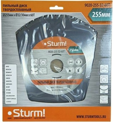 Пильный диск по дереву Sturm 9020-255-32-60T 255x32x60 зубьев, переходное кольцо 30 мм