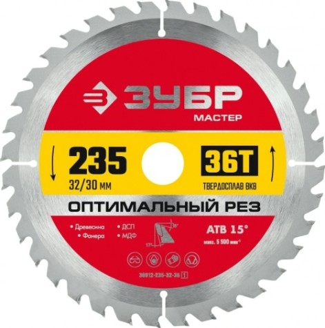Пильный диск по дереву ЗУБР Оптимальный рез 235x32/30мм 36т [36912-235-32-36_z01]