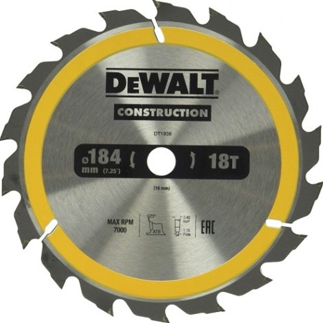 Пильный диск универсальный DeWALT 184х18тх16 мм Construction DT1938-QZ [DT1938-QZ]