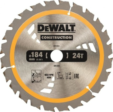 Пильный диск универсальный DeWALT 184х24тх20 мм Construction DT1951-QZ [DT1951-QZ]
