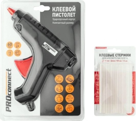 Пистолет термоклеевой сетевой REXANT ПК03 набор для творчества 60вт, стержни 11мм) [12-1703]