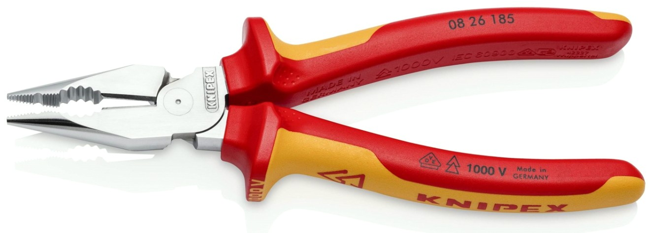 Плоскогубцы диэлектрические KNIPEX KN-0826185 остроконечные с удлиненными губками, 185 мм