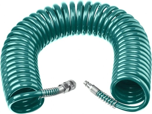 Пневмошланг спиральный KRAFTOOL 15м 8х12 мм, с фитингами рапид [06590-15]