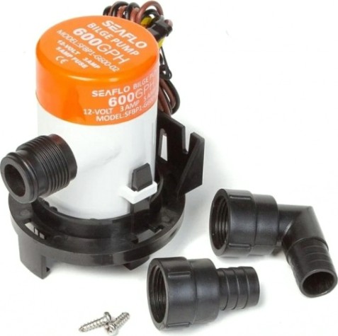 Помпа водооткачивающая SEAFLO трюмная, 12V 600 галлон/час, патрубок 19 мм, с переходниками [SFBP1-G600-02]