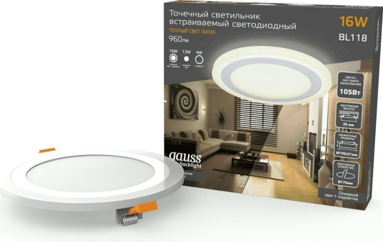 Потолочный светодиодный светильник GAUSS Backlight круг 12+4w 960lm 3000k 3 реж led [BL118]