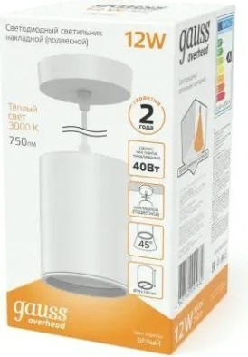 Потолочный светодиодный светильник GAUSS HD039 overhead подвес цил12w 750lm 3000k белый