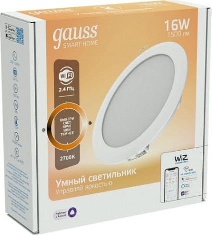 Потолочный светодиодный светильник GAUSS Smart home даунлайт 16w 1500lm 2700к 220-240v ip20 165*38мм д [2020122]