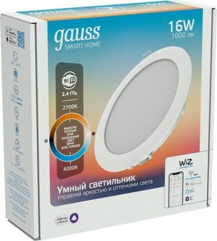 Потолочный светодиодный светильник GAUSS Smart home даунлайт 16w1600lm2700-4000к 220-240v ip20 165*38м [2040122]