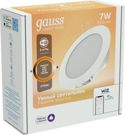 Потолочный светодиодный светильник GAUSS Smart home даунлайт 7w 600lm 2700к 220-240v ip20 105*35мм дим [2010122]