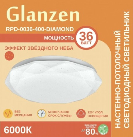 Потолочный светодиодный светильник GLANZEN RPD-0036-400-DIAMOND 36Вт 6000К [RPD-0036-400-DIAMOND]
