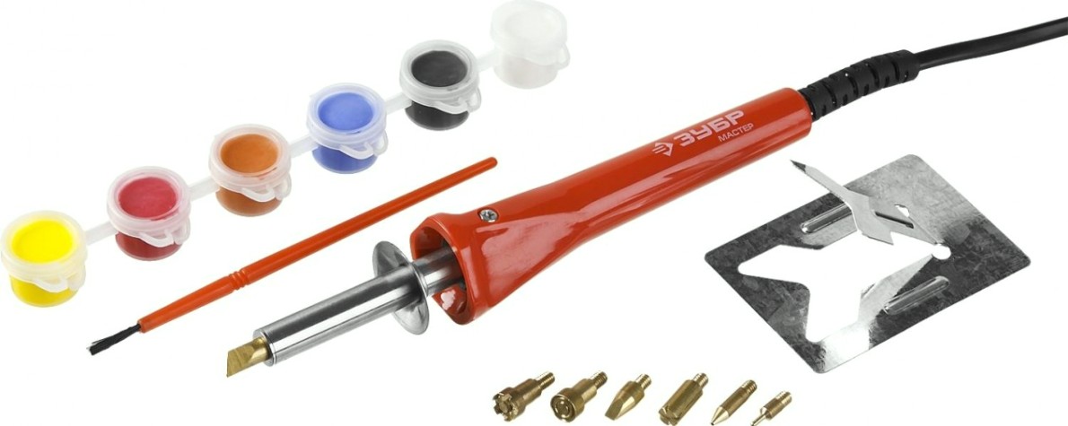 Прибор для выжигания ЗУБР Мастер с набором насадок 7шт. и красками [55425]