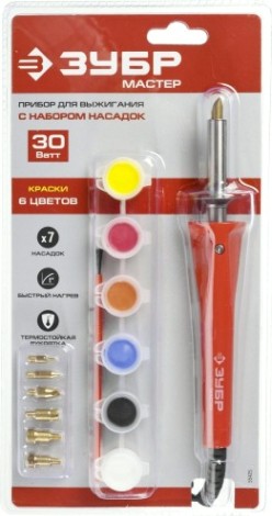 Прибор для выжигания ЗУБР Мастер с набором насадок 7шт. и красками [55425]