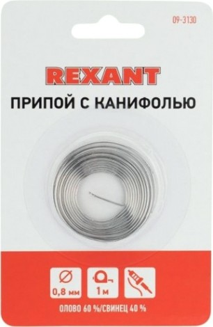 Припой REXANT ПР3130 с канифолью, 1м, d0,8мм, (олово 60%, свинец 40%), [09-3130]