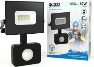 Прожектор GAUSS Elementary 10w 850lm 6500к 175-265v ip65 черный с датчиком дв [628511310]