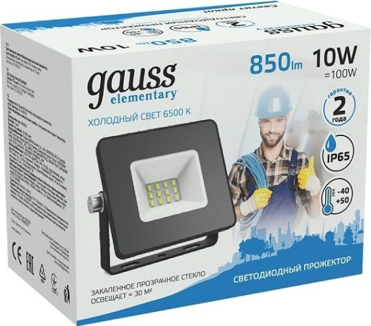 Прожектор GAUSS Elementary 10w 850lm 6500к 200-240v ip65 черный led [613100310]