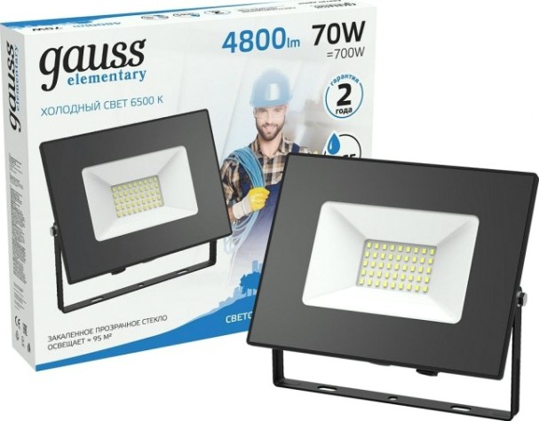 Прожектор GAUSS Elementary 70w 7200lm 6500к 175-265v ip65 черный led [613100370]