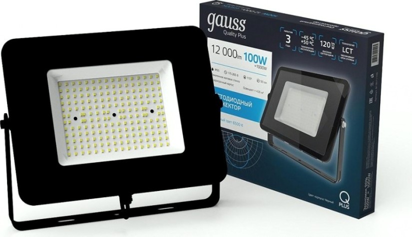 Прожектор GAUSS Qplus 100w 12000lm 6500k 175-265v ip65 черный led [613511100]