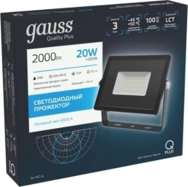 Прожектор GAUSS Qplus 20w 2000lm 6500k 200-240v ip65 черный led [613511320]
