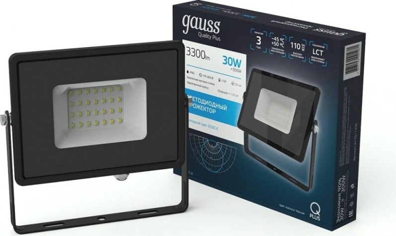 Прожектор GAUSS Qplus 30w 3300lm 6500k 175-265v ip65 черный led [613511330]