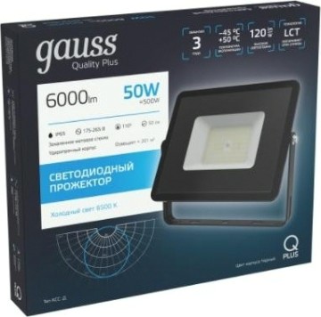 Прожектор GAUSS Qplus 50w 6000lm 6500k 175-265v ip65 черный led [613511350]