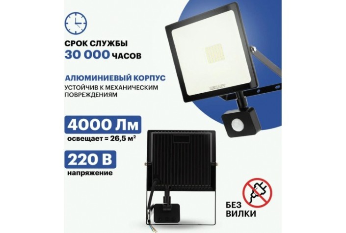 Прожектор REXANT 605-009 светодиодный СДО 50Вт 4000Лм 6500К датчик движения