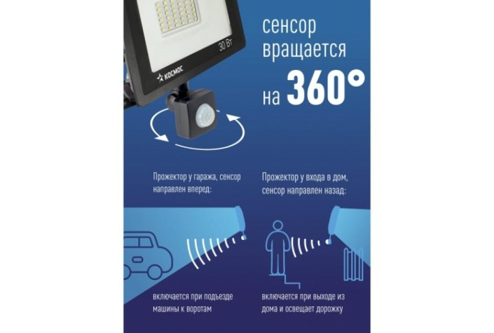 Прожектор светодиодный КОСМОС K_PR5_LED_20S c датчиком 1600Лм, IP65, 6500K Super-Slim