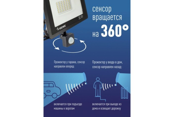 Прожектор светодиодный КОСМОС K_PR5_LED_30S c датчиком 2400Лм, IP65, 6500K Super-Slim