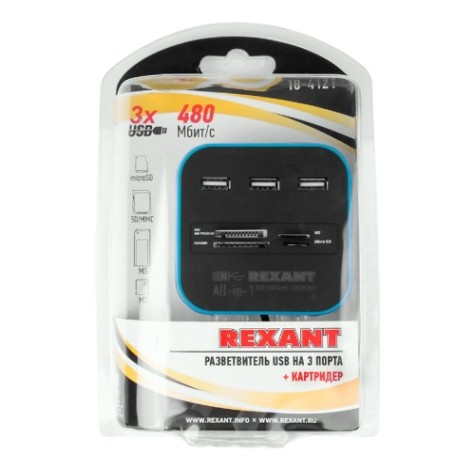 Разветвитель REXANT 18-4121 USB на 3 порта + картридер (все в одном) черный Разветвитель REXANT 18-4121 USB на 3 порта + картридер (все в одном) черный