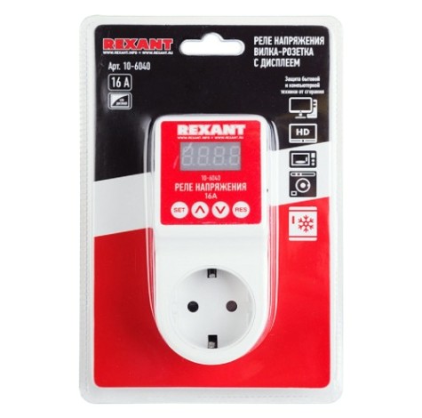 Реле REXANT 10-6040 напряжения «вилка-розетка» c дисплеем 16A Реле REXANT 10-6040 напряжения «вилка-розетка» c дисплеем 16A