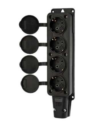 Розетка REXANT 111-114 каучуковая 4 гнезда с крышкой черная, с/з, 16А