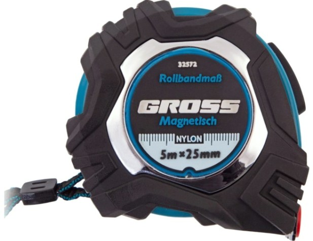Рулетка GROSS Magnetisch, 5мх25мм обрезин. корпус,автоматич. фиксация, нейлон. покр. [32572]