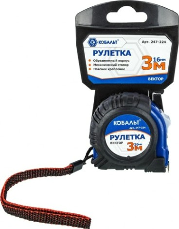 Рулетка Кобальт 247-224 вектор 3мx16мм обрезиненный корпус Рулетка Кобальт 247-224 вектор 3мx16мм обрезиненный корпус