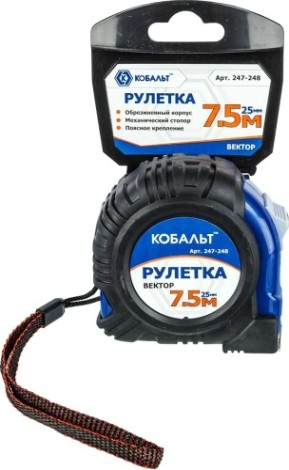 Рулетка Кобальт 247-248 вектор 7,5мx25мм обрезиненный корпус Рулетка Кобальт 247-248 вектор 7,5мx25мм обрезиненный корпус