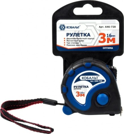 Рулетка Кобальт 646-720 оптима 3мx16мм двухкомпонентный корпус Рулетка Кобальт 646-720 оптима 3мx16мм двухкомпонентный корпус