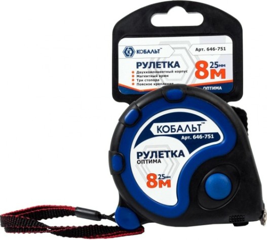 Рулетка Кобальт 646-751 оптима 8мx25мм двухкомпонентный корпус