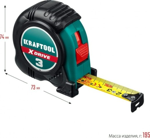 Рулетка KRAFTOOL X-Drive 3м/19мм с ударостойким обрезиненным корпусом [34122-03-19_z02]