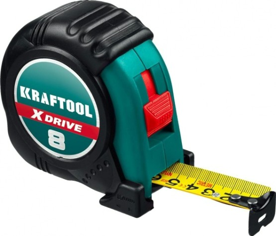 Рулетка KRAFTOOL X-Drive 8м/25мм с ударостойким обрезиненным корпусом [34122-08_z02]