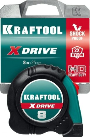 Рулетка KRAFTOOL X-Drive 8м/25мм с ударостойким обрезиненным корпусом [34122-08_z02]