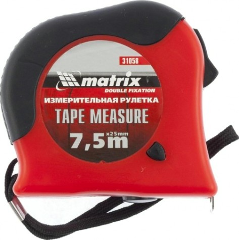 Рулетка MATRIX 7,5 мх25 мм double fixation, обрезиненный корпус [31058]