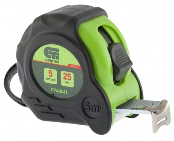 Рулетка СИБРТЕХ Графит 5 мх25 мм обрезиненный корпус, амортизатор, [32532]