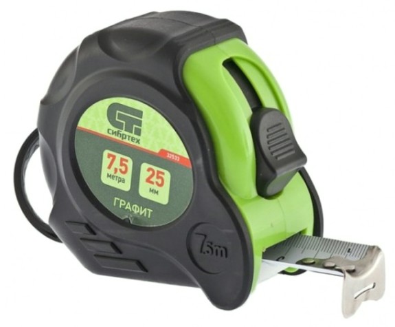 Рулетка СИБРТЕХ Графит 7,5 мх25 мм обрезиненный корпус, амортизатор, [32533]
