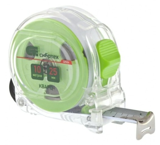 Рулетка СИБРТЕХ Кварц, 10 мх25 мм прозрачный корпус, амортизатор, [32524]