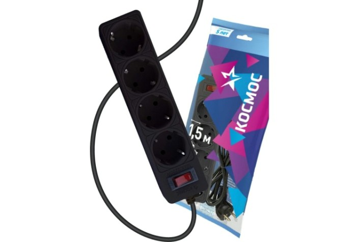 Сетевой фильтр КОСМОС FKsm1.5m-4g с заземлением 3*0,75мм², черный [FKsm1.5m-4g(B)]