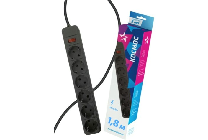 Сетевой фильтр КОСМОС FKsm1.8m-6g с заземлением 3*1,00 мм², черный [FKsm1.8m-6g(B)16A]