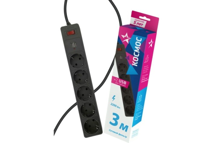 Сетевой фильтр КОСМОС FKsm3m-5g с заземлением 3*0,75мм², черный [FKsm3m-5g(B)USB]