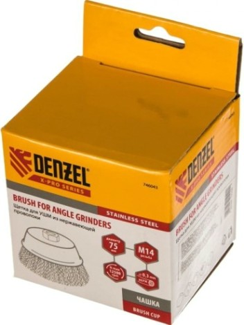Щетка для УШМ Denzel 746 043 75 мм, м14, чашка, витая нерж. проволока 0,3 мм [746043]