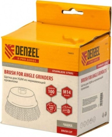 Щетка для УШМ Denzel 746 053 100 мм, м14, чашка, витая нерж. проволока 0,3 мм [746053]