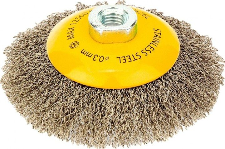 Щетка для УШМ Denzel 746 163 125 мм, м14, тарелка, витая нерж. проволока 0,3 мм [746163]